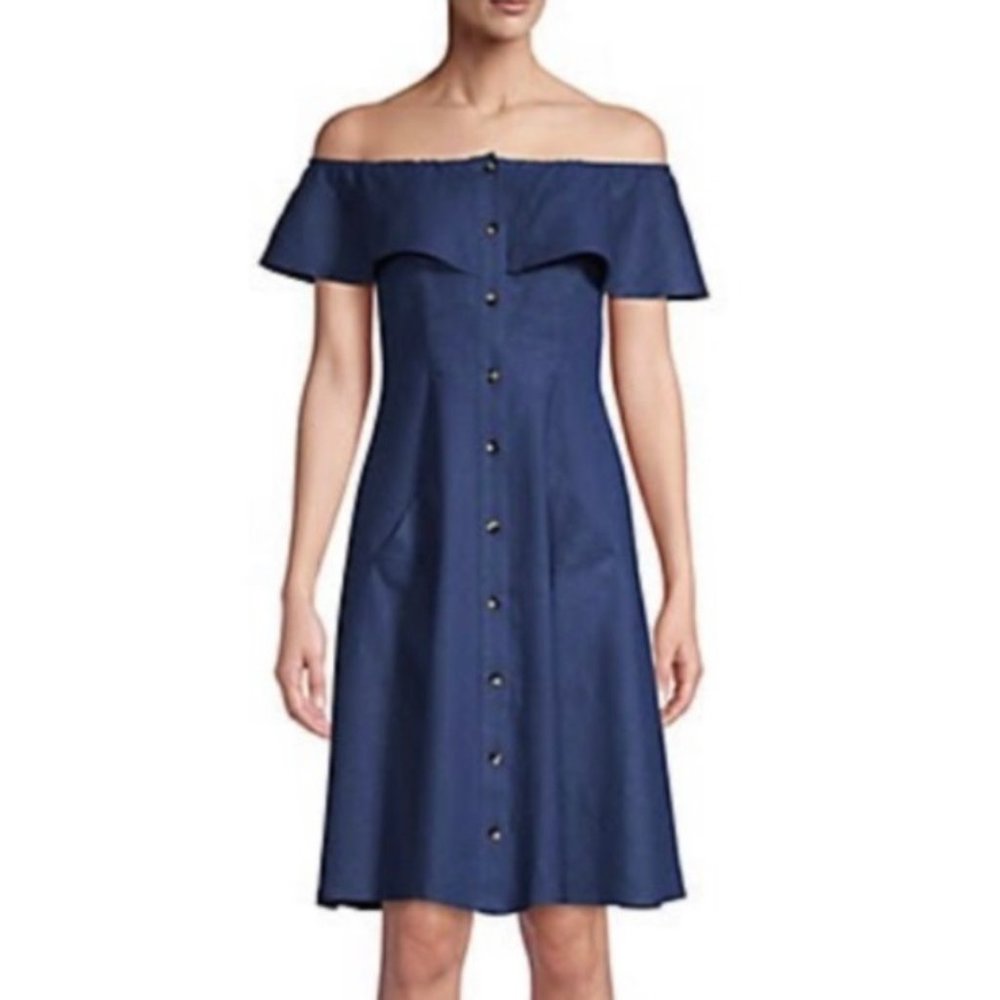 Saks Off the Shoulder Linen Dress Navy Button Down | 14